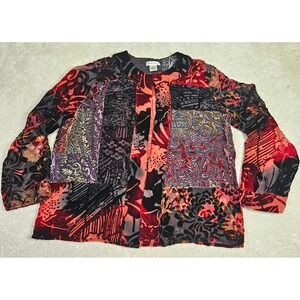 Laura Ashley Velvet‎ Burnout Patchwork Blouse Top M Red Black Bohemian Festival